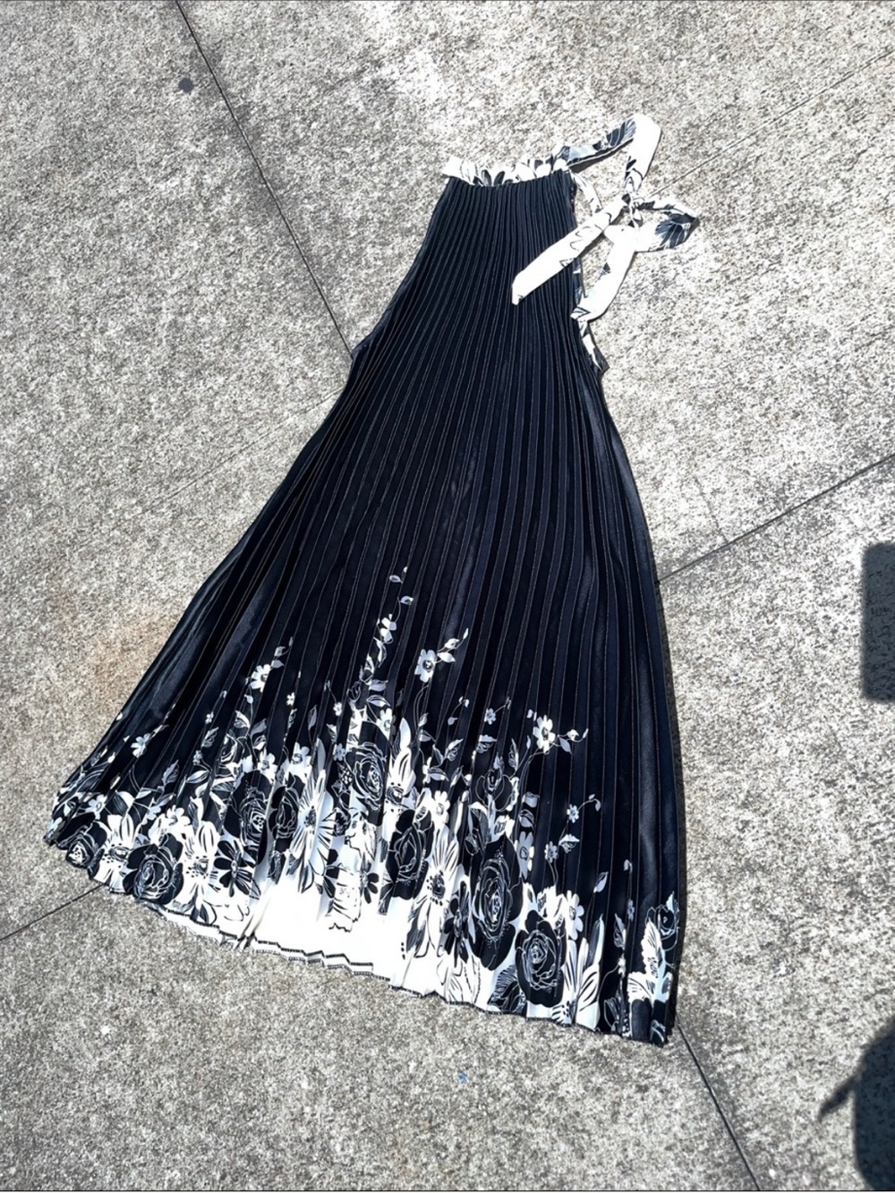 Black Pleated Floral Halter Maxi Dress